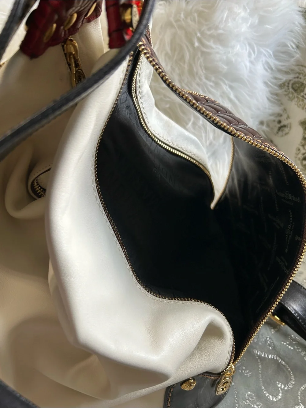 NWT Marino Orlandi Two-Tone White & Brown Leather Backpack with Red Accent